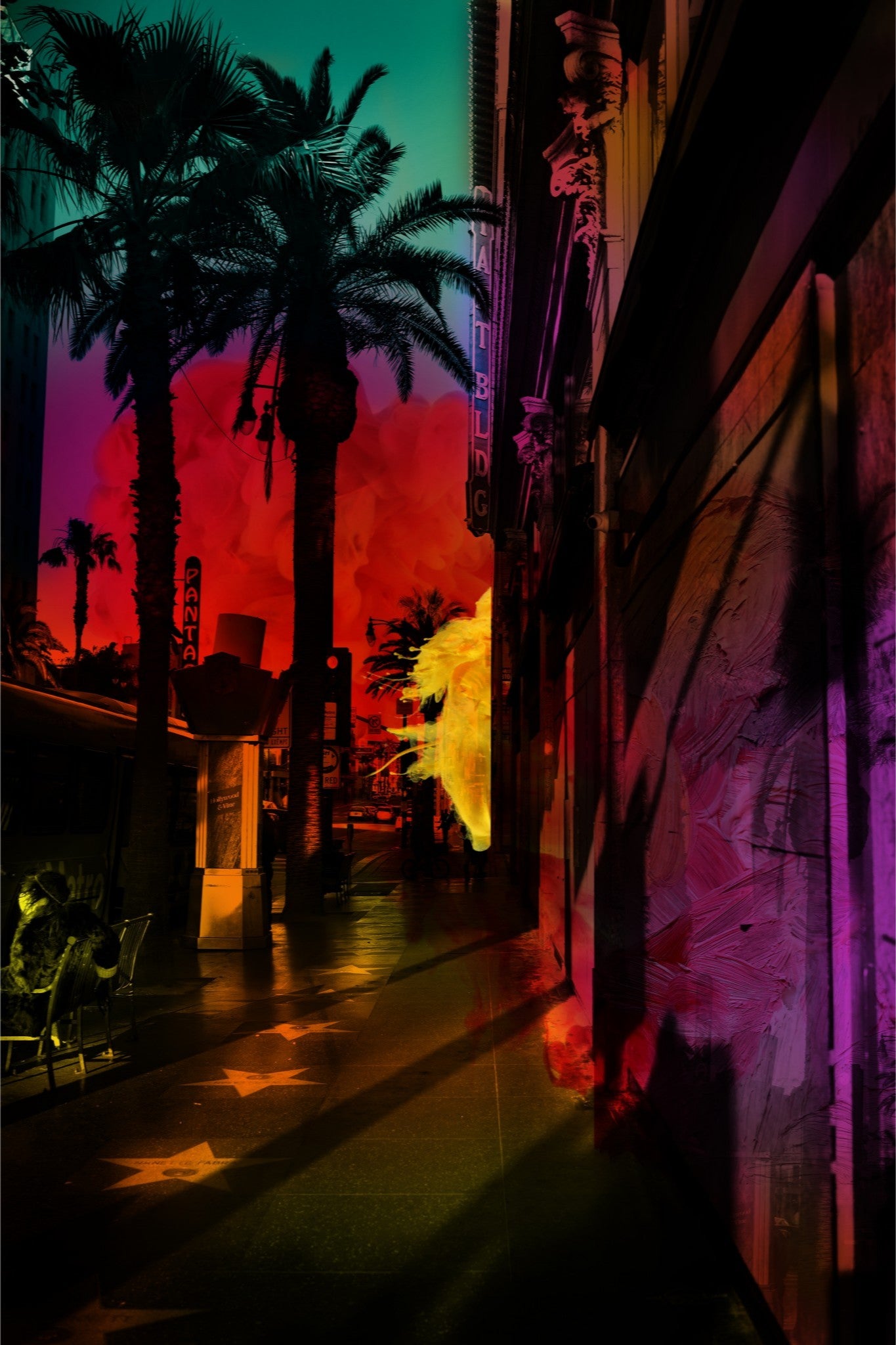 Fine art mixed-media photography of Hollywood Boulevard palm trees, noir silhouettes with vibrant abstract paint strokes, cinematic Los Angeles street art.