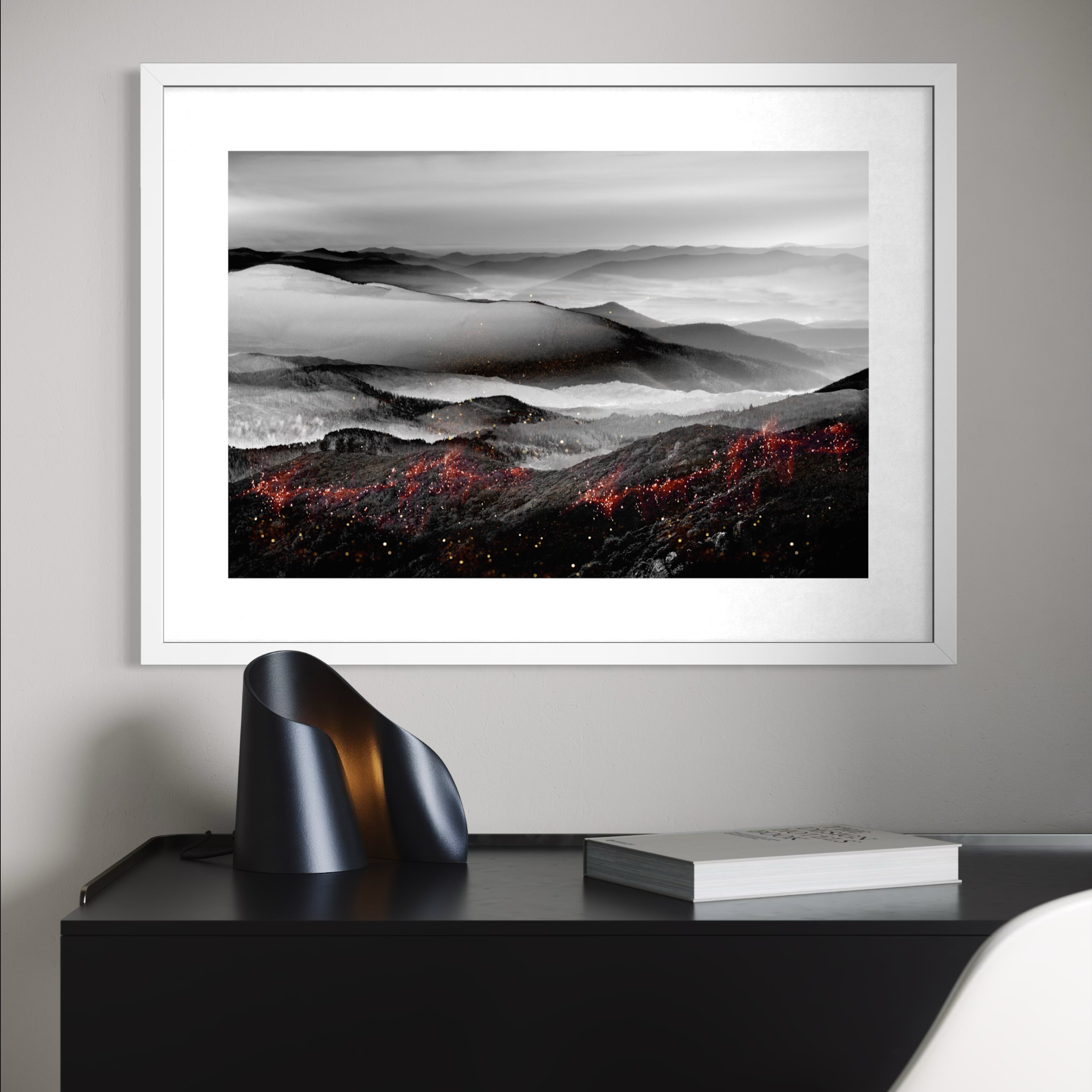 Grayscale fine art photography of rolling hills, monochromatic mountain landscape with streaks of digital red light, cinematic high-contrast art.
