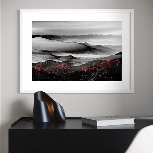 Grayscale fine art photography of rolling hills, monochromatic mountain landscape with streaks of digital red light, cinematic high-contrast art.
