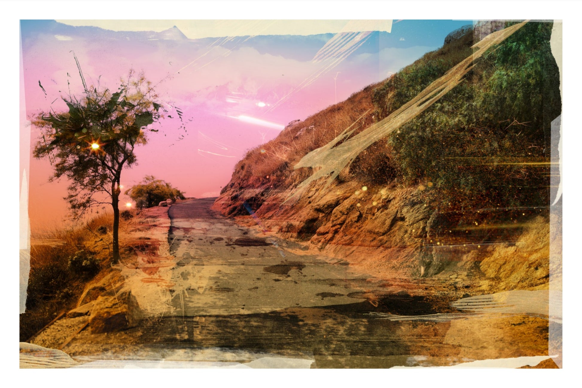 Fine art digital collage of Mt. Rubidoux in Riverside, California; fractured light and geometric mountain textures; cinematic landscape reconstruction.
