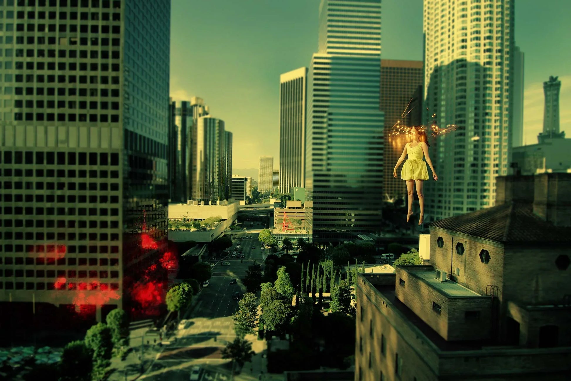 Fine art architectural photography of a symmetrical urban grid, soft digital atmosphere wash, minimalist city landscape with cinematic lighting.