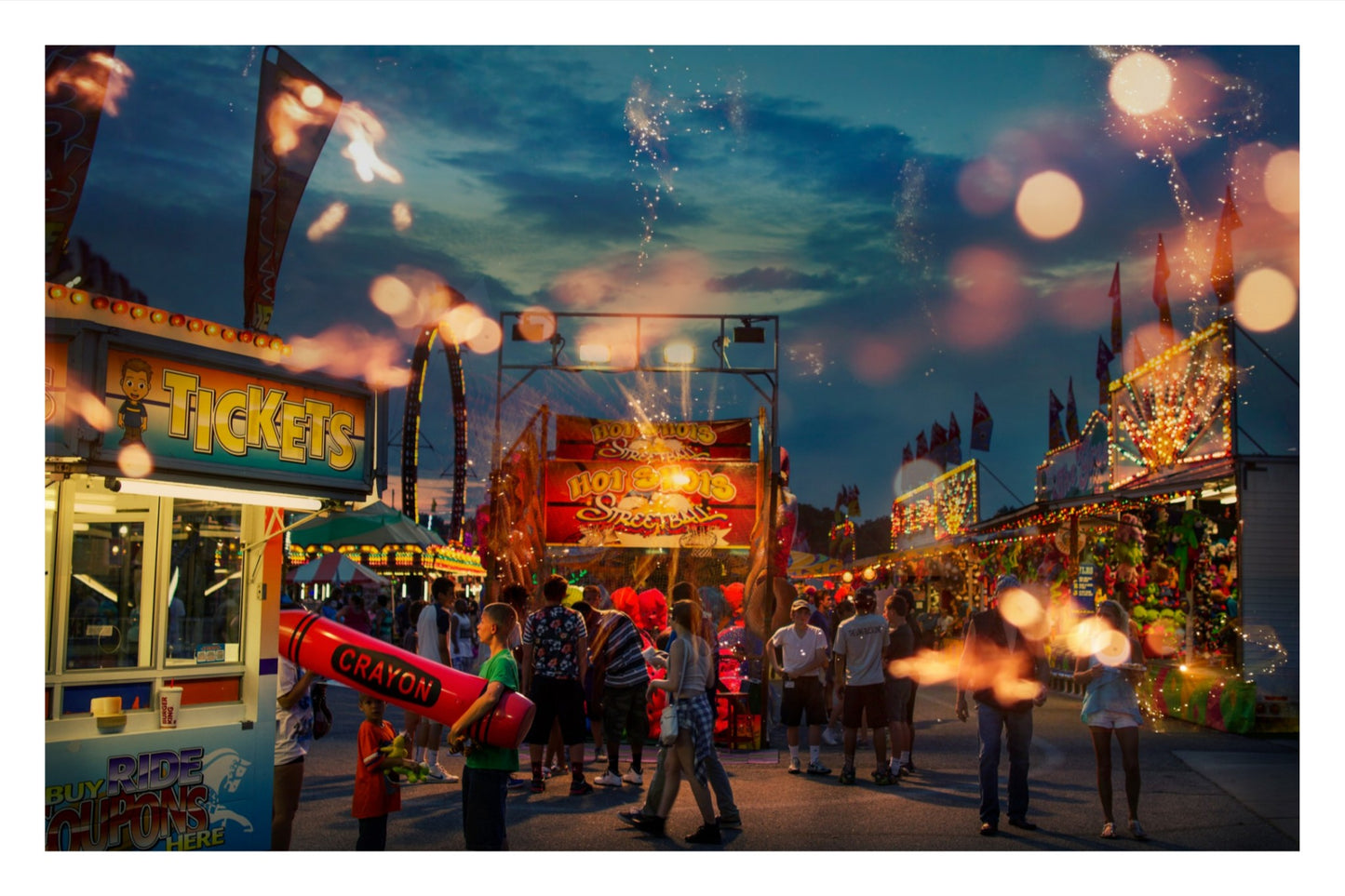 Fine art photography of State Fair midway lights at twilight, deep indigo and warm gold tones, frozen motion of carnival rides, cinematic Americana.