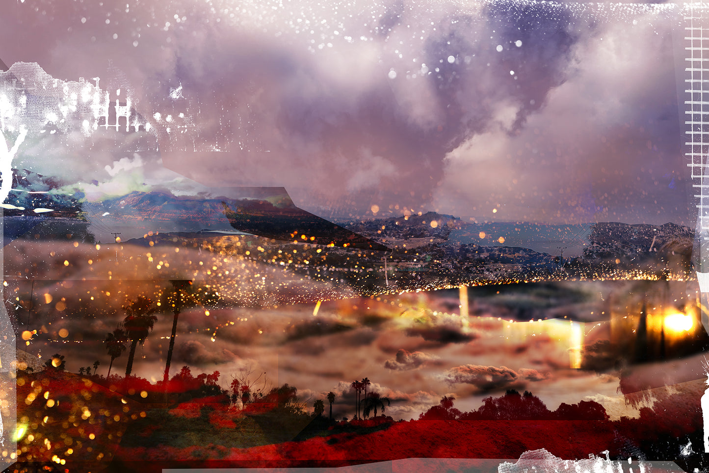 A high-contrast fine art reconstruction of active mauve and pink storm clouds over a deep obsidian-red mountain base. Traditional silver-halide C-print on Fuji Crystal Archive paper with rich, velvety blacks and continuous tone.