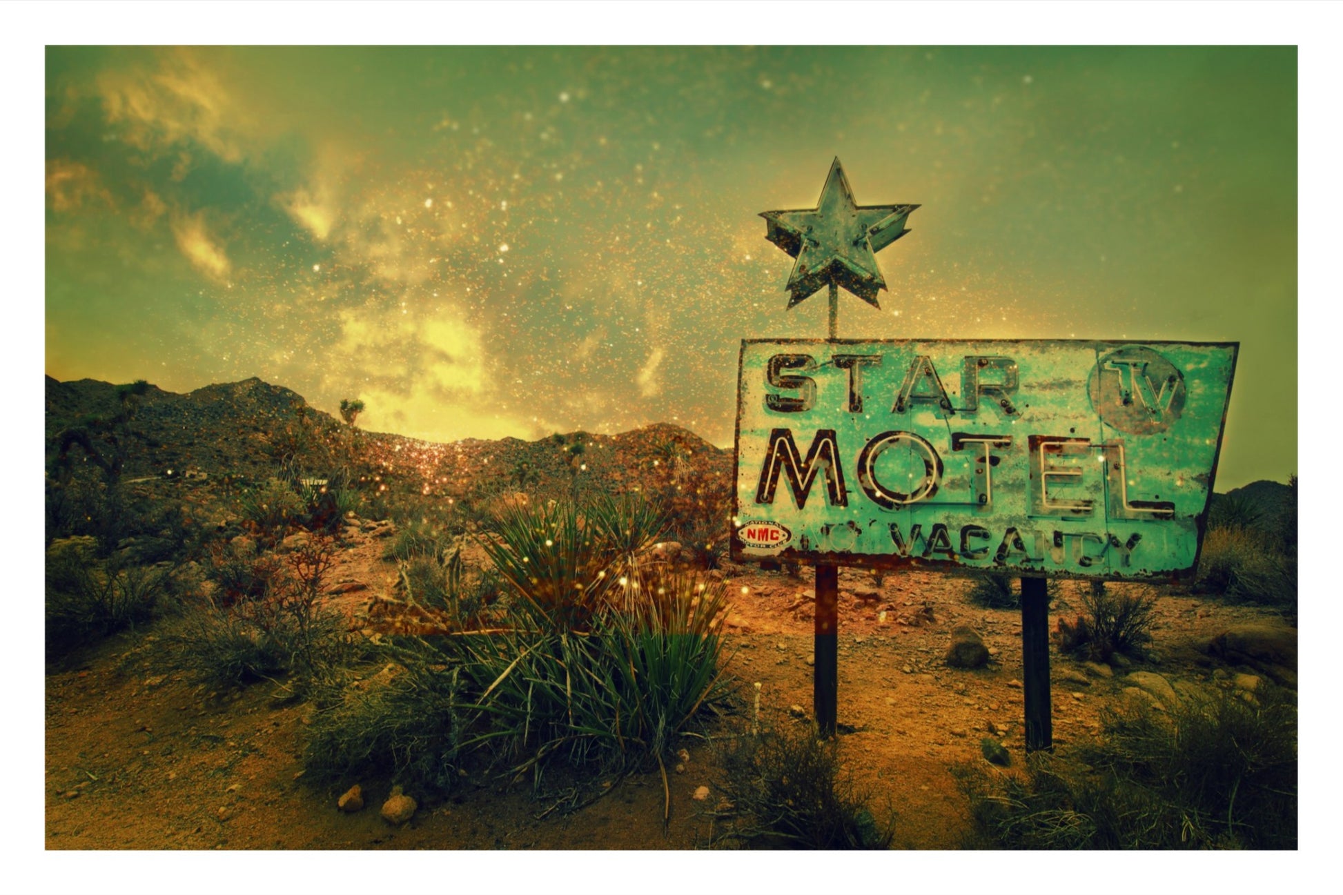 Fine art photography of a 1950s motel sign in the American desert, nostalgic gold and sage green tones, architectural relic.
