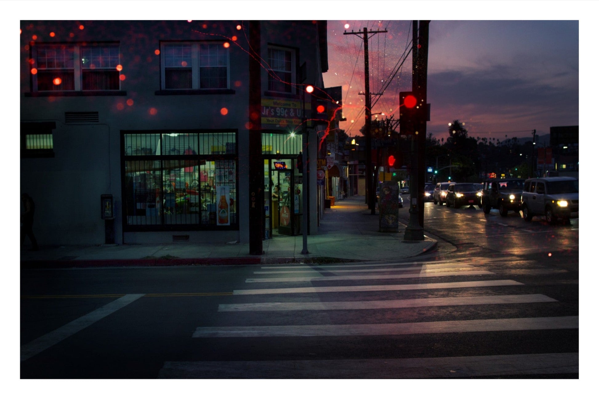 Fine art street photography of Sunset Blvd in Echo Park, Los Angeles noir aesthetic, shadowed sidewalk with surreal light, cinematic urban night scene.